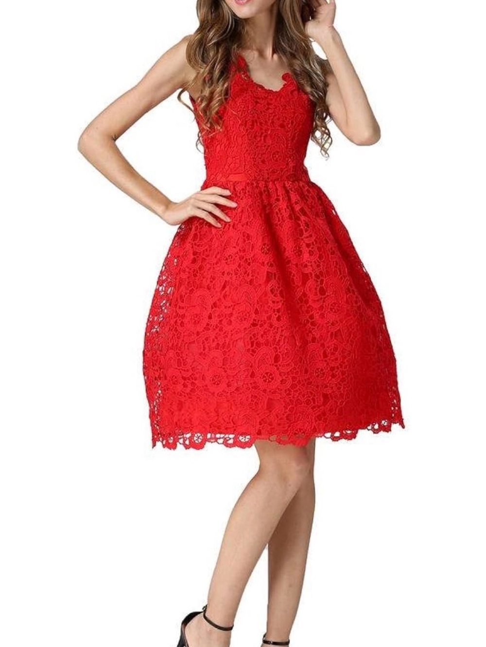 Women’s Sleeveless Fit & Flare V-neck Short Lace Dress Evening Gown Red XL